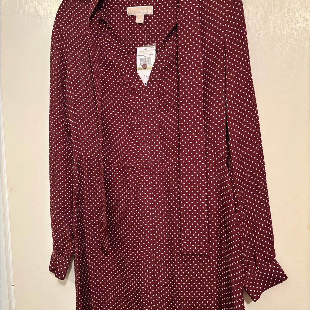 Michael Kors Burgundy Polka Dot Long Sleeve Dress